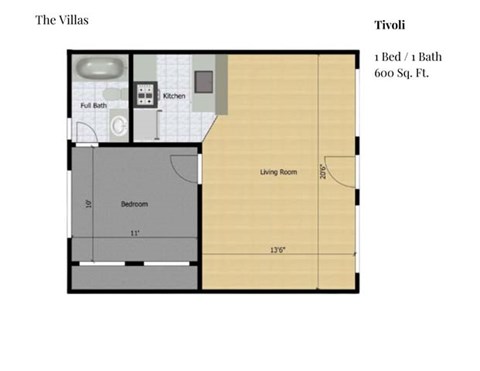 Floor plan for 1 bed, 1 bath, 600 sqft